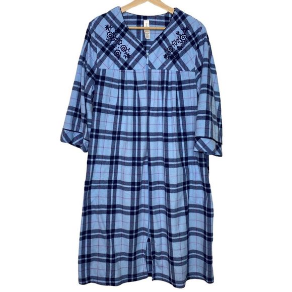 White Stag Other - Blue Plaid Fleece Zip Up Embroidered Robe/Night Dress with Pockets Size Large